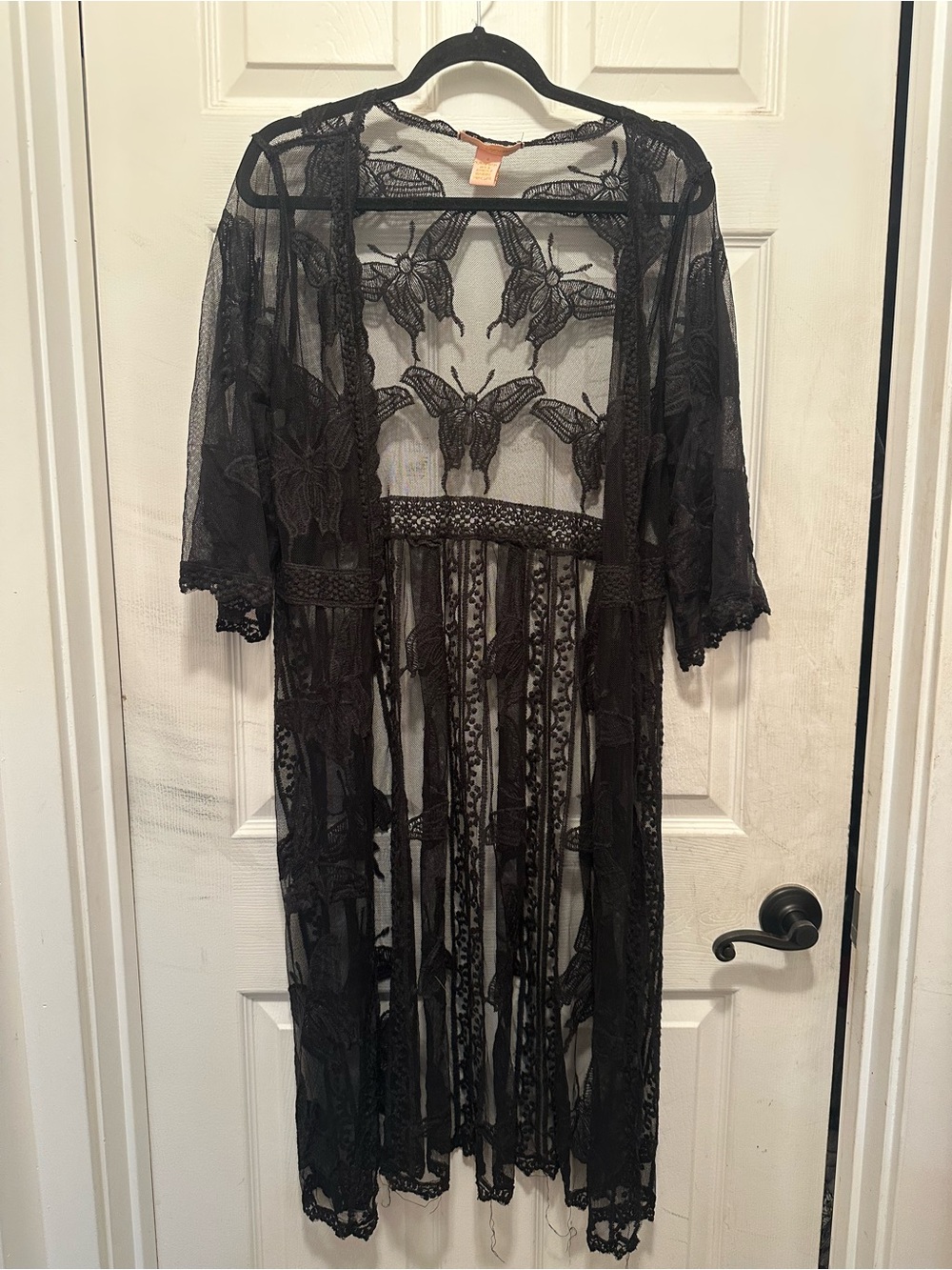 Expressions Black Sheer Lace Kimono Robe with Butterfly Motif Goth Whimsigoth.